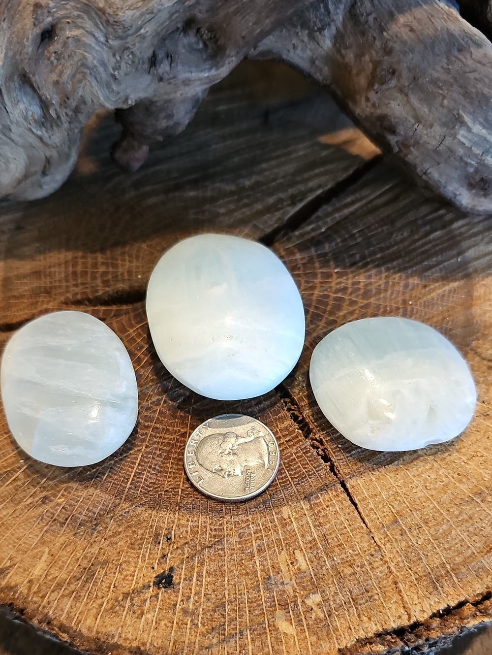 Bundle Me!: Polished Light Blue Carribean Calcite Palm Stones - Set of 3
